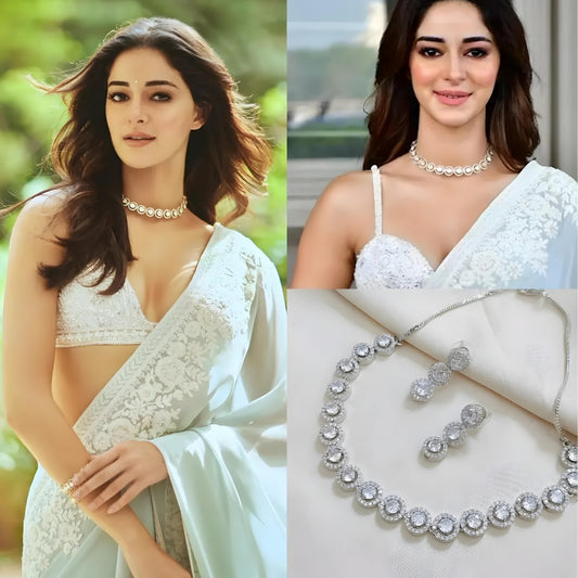 Ananya Panday Inspired Silver-Toned Circular Shape White American Diamond Studded Jewellery Set