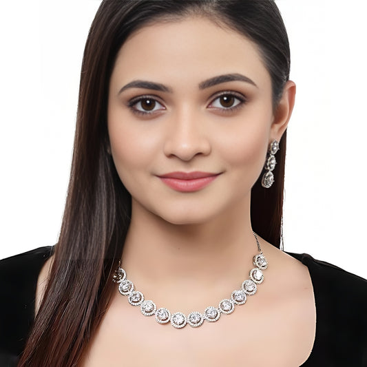 Ananya Panday Inspired Silver-Toned Circular Shape White American Diamond Studded Jewellery Set