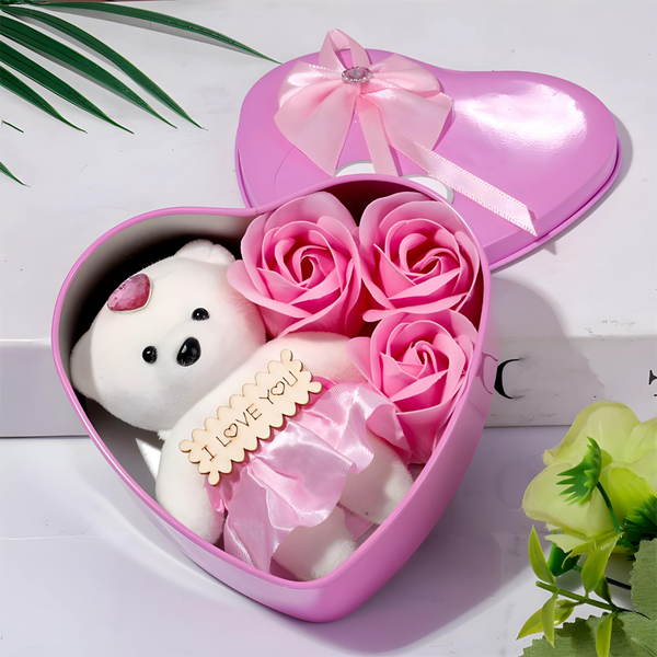 Pink & White Heart Shaped Gift Box with Teddy Bear And 3 Roses