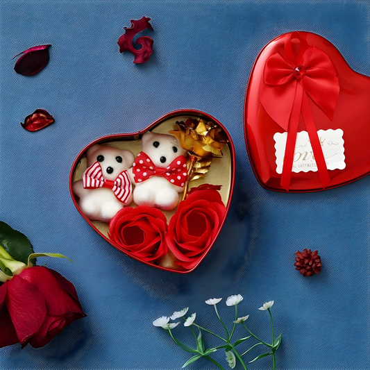 Red Heart Shaped Gift Box with 2 Red Roses, 2 Teddy Bears and 1 Golden Rose