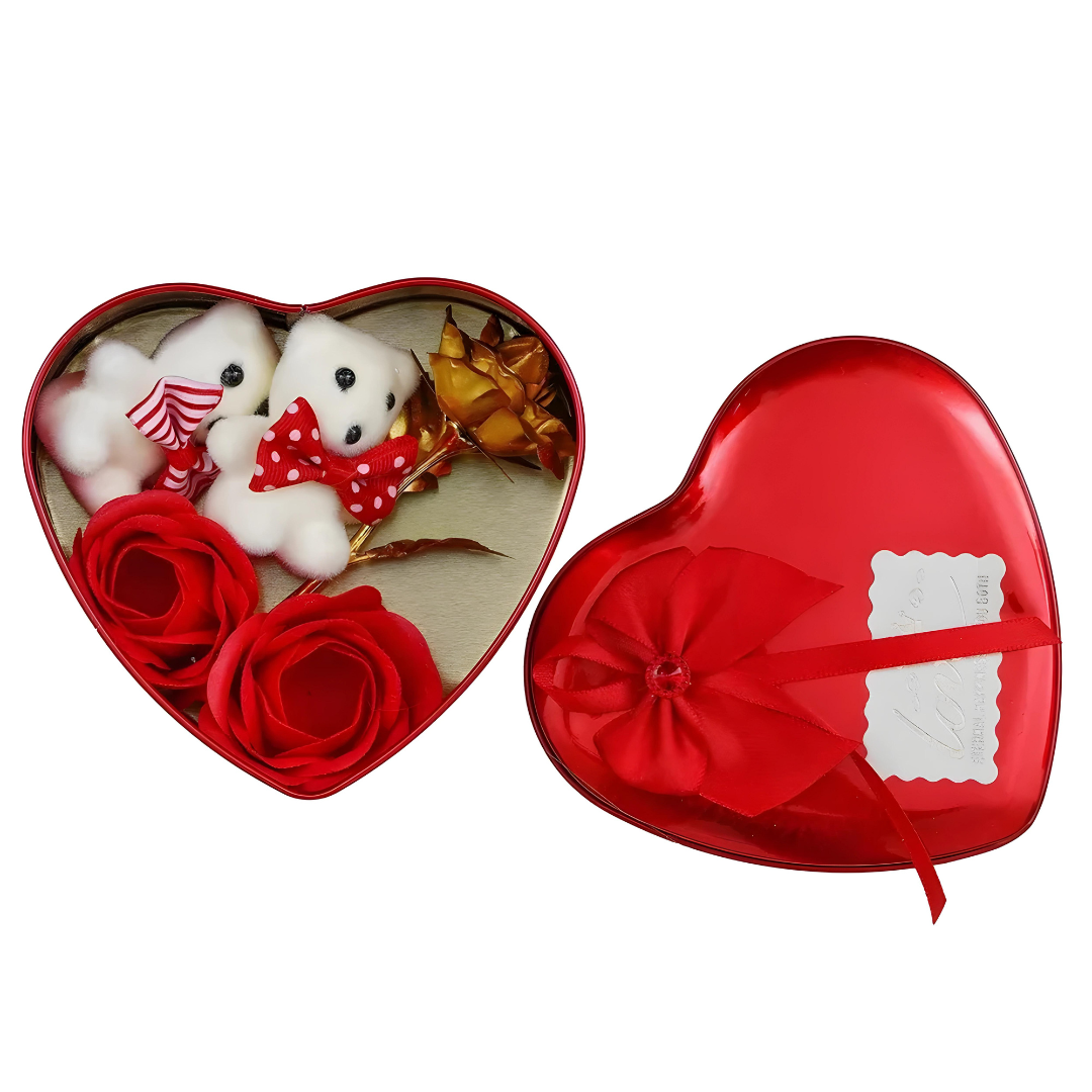 Red Heart Shaped Gift Box with 2 Red Roses, 2 Teddy Bears and 1 Golden Rose