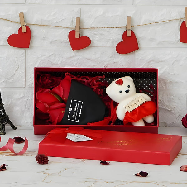 Red Roses Bouquet with White & Red Teddy Bear Square Shaped Gift Box