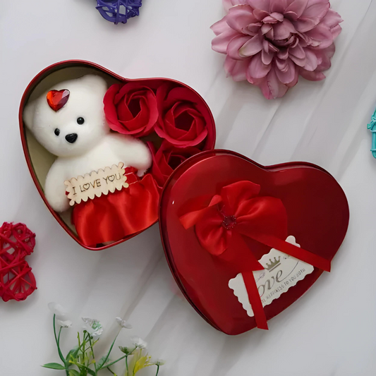 Red & White Heart Shaped Gift Box with Teddy Bear And 3 Roses