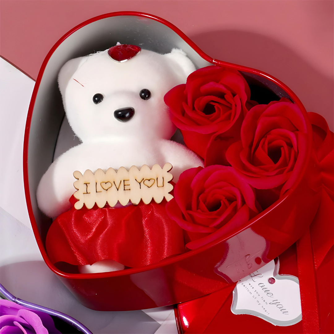 Red & White Heart Shaped Gift Box with Teddy Bear And 3 Roses