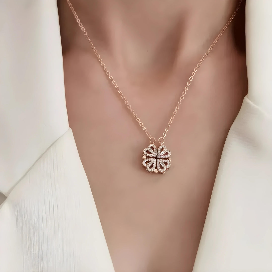 Rose Gold Plated 2-in-1 Magnetic Hearts Clover Pendant Necklace