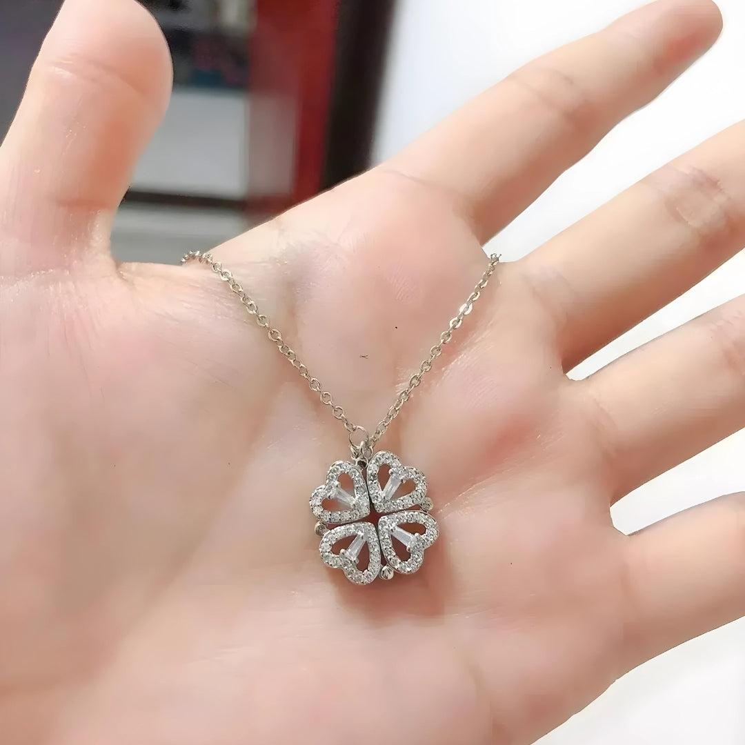 Silver Plated 2-in-1 Magnetic Hearts Clover Pendant Necklace For Women