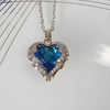 Silver Blue Angel Wing Heart Pendant Crystals Necklace