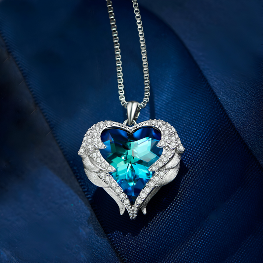 Silver Blue Angel Wing Heart Pendant Crystals Necklace