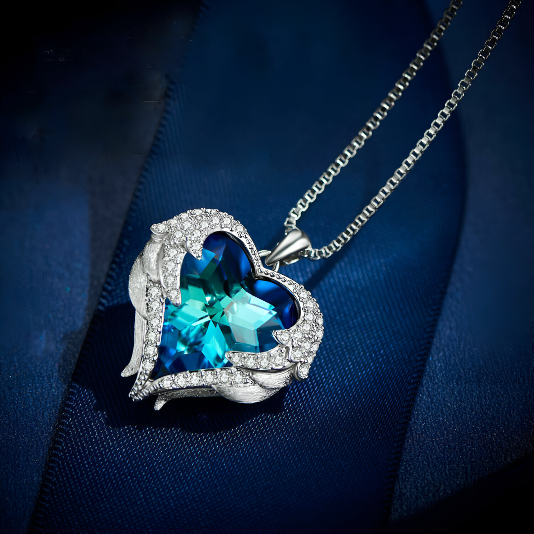 Silver Blue Angel Wing Heart Pendant Crystals Necklace