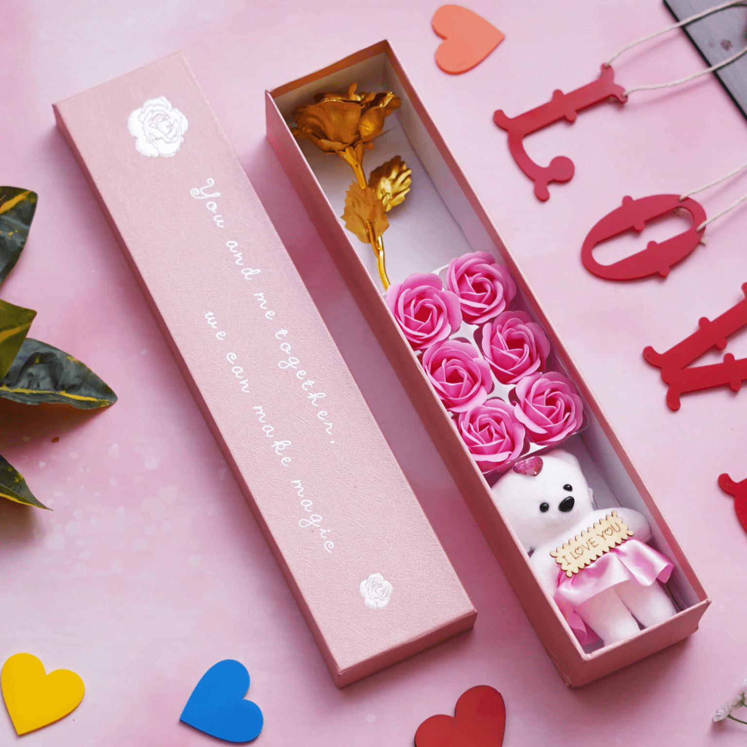 Pink & White Gift Box With Cute Teddy Bear, 6 Roses, 1 Golden Rose - Image 1