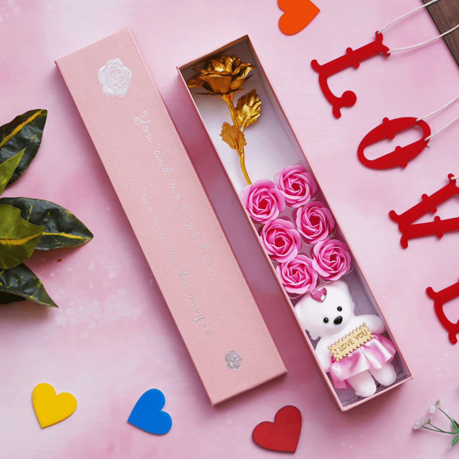 Pink & White Gift Box With Cute Teddy Bear, 6 Roses, 1 Golden Rose - Image 2