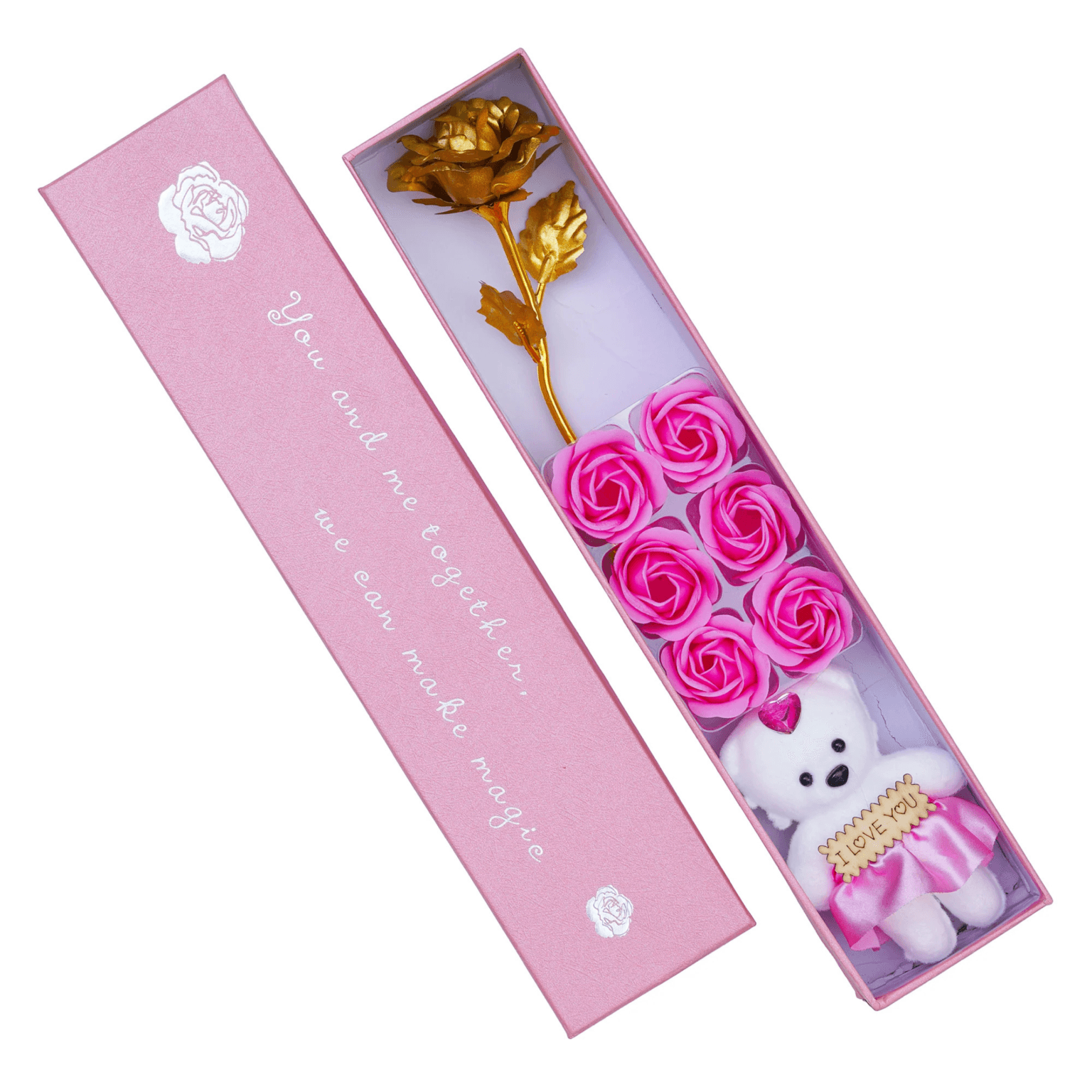 Pink & White Gift Box With Cute Teddy Bear, 6 Roses, 1 Golden Rose - Image 3
