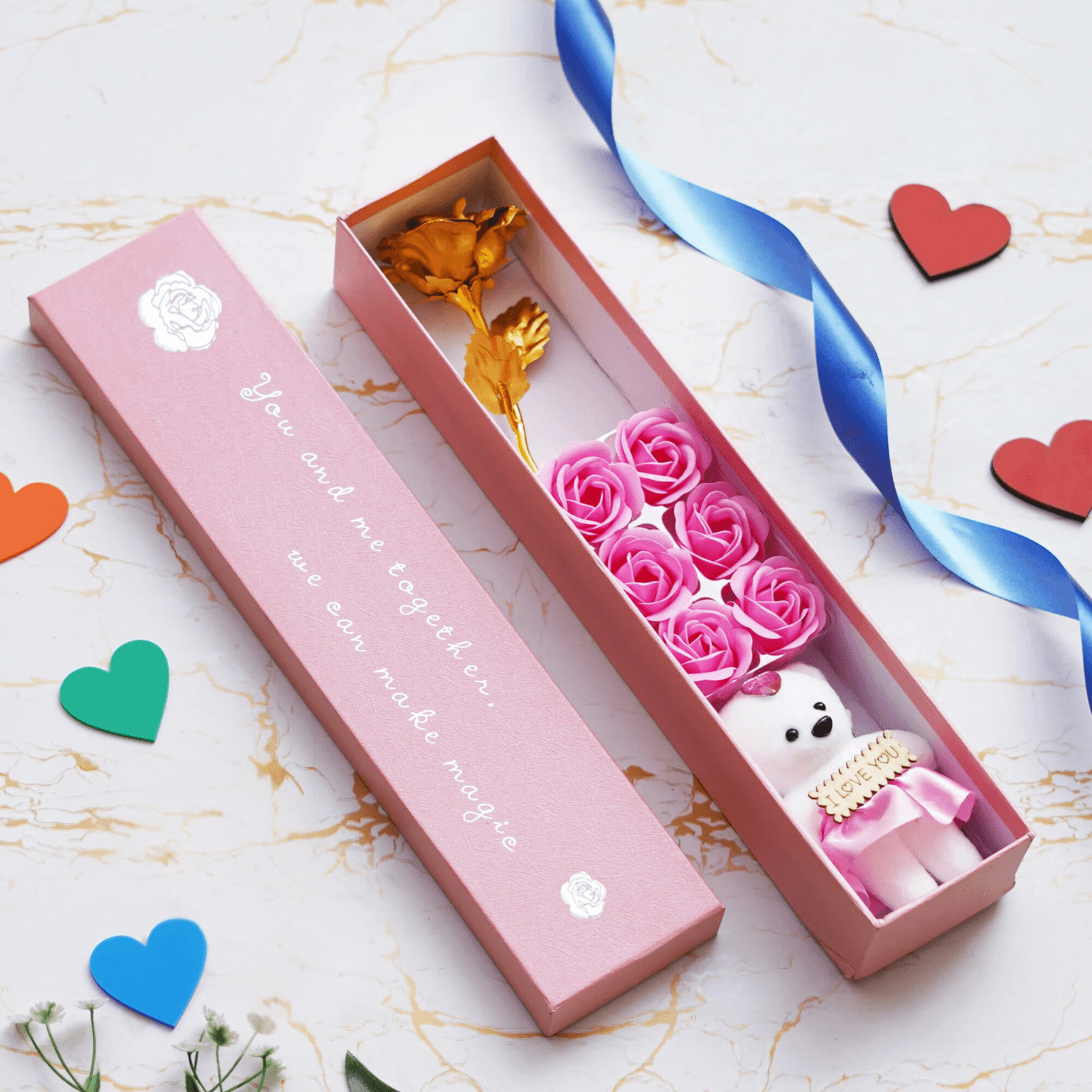 Pink & White Gift Box With Cute Teddy Bear, 6 Roses, 1 Golden Rose - Image 5