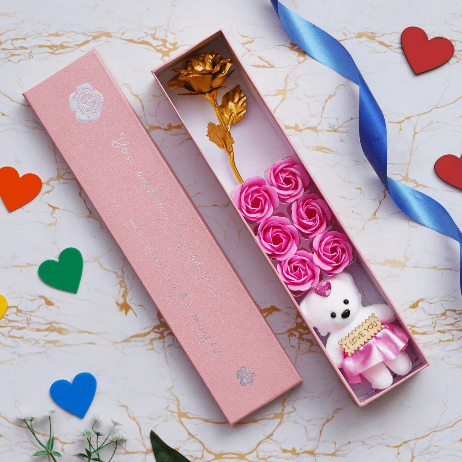 Pink & White Gift Box With Cute Teddy Bear, 6 Roses, 1 Golden Rose - Image 6